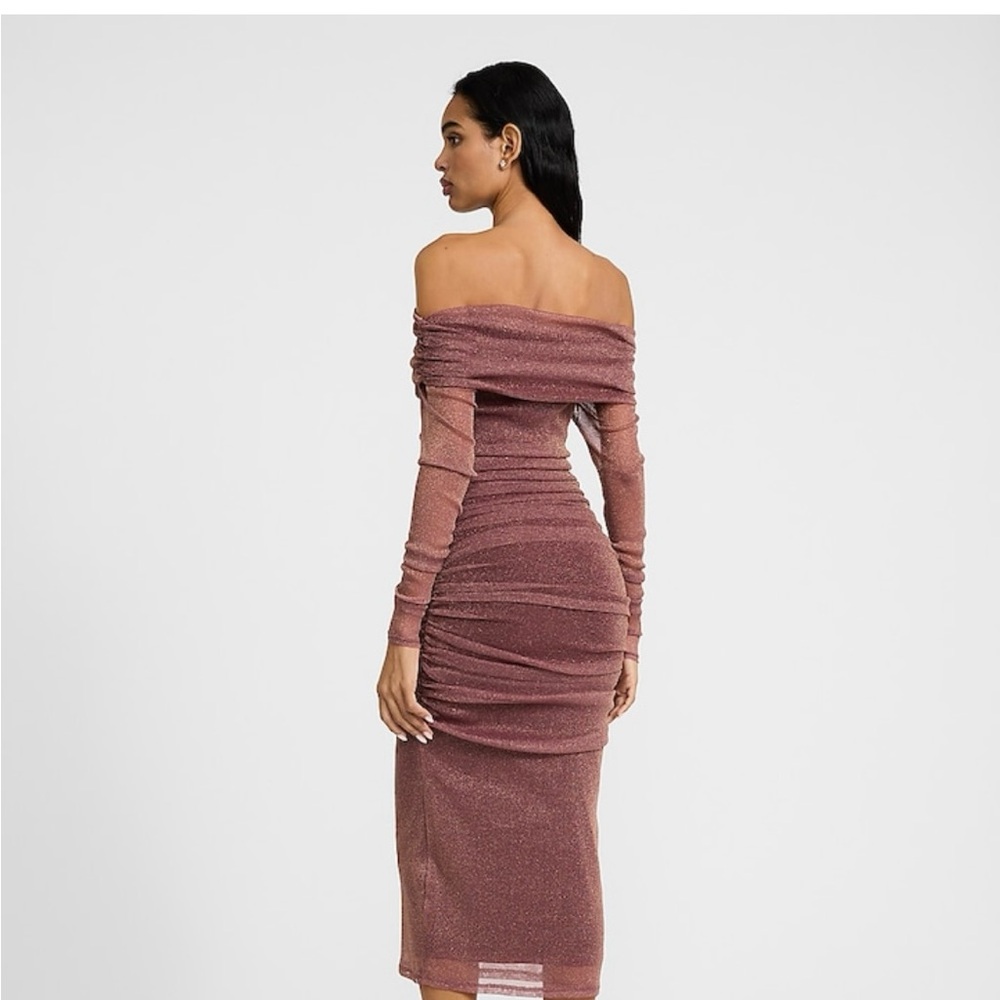 Express Metallic Mesh Fold Over Off The Shoulder Ruched Midi Dress - Picture 2 of 7